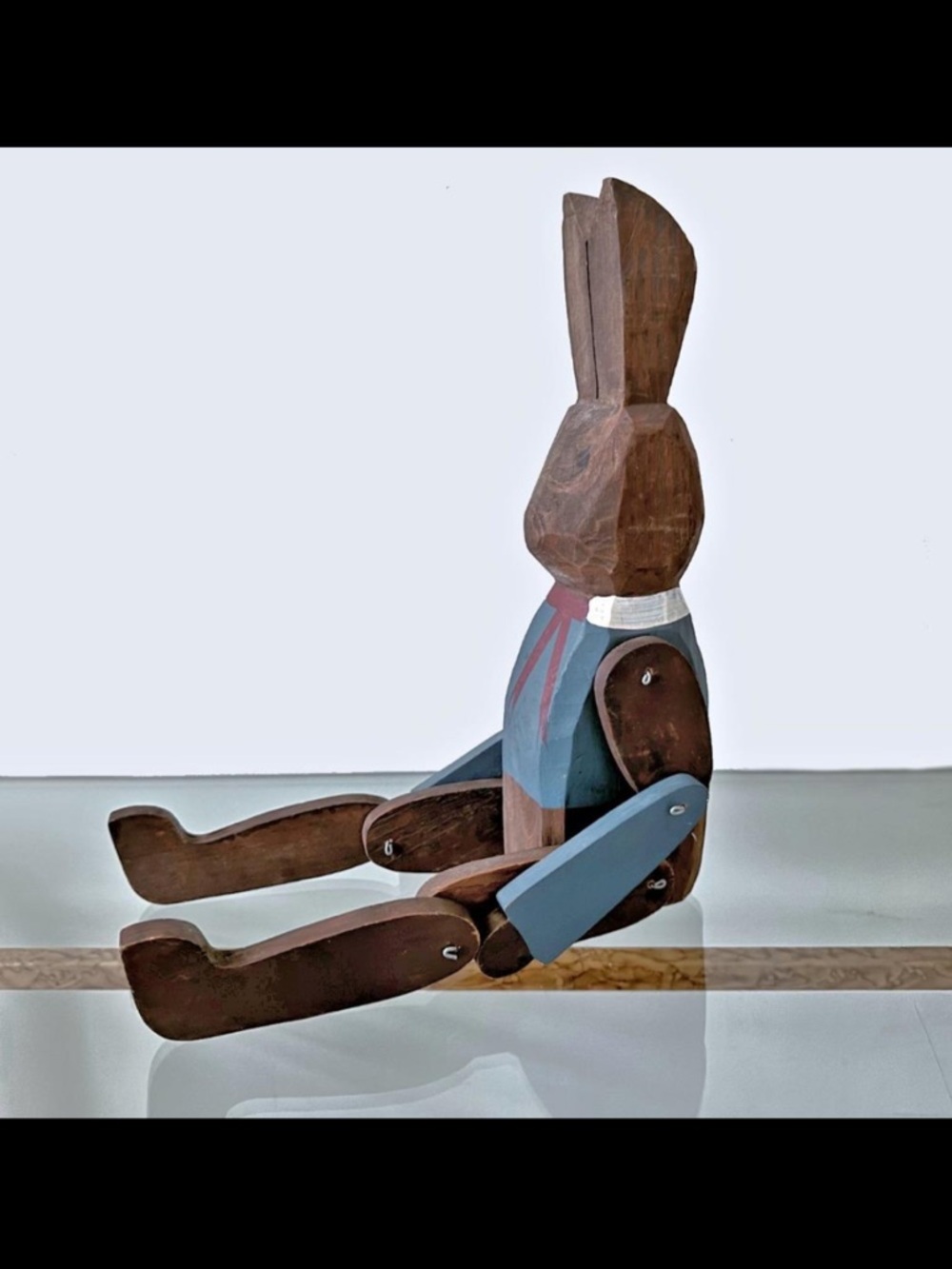 Vintage Folk Art Wooden Jointed Bunny Shelf Sitter Hand Carved Primitive